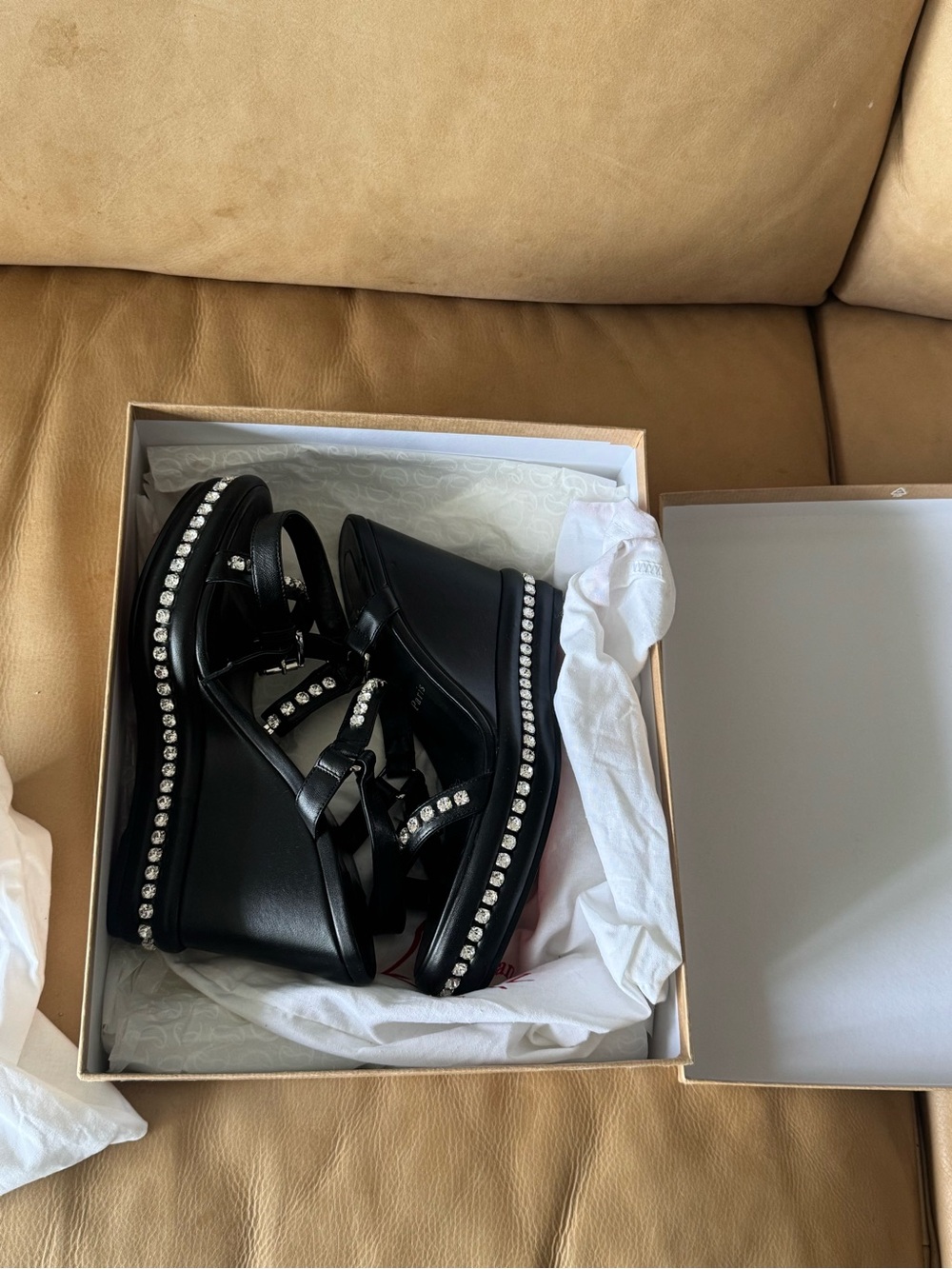 Christian Louboutin Black Leather Sandals with Crystal Trim - Picture 8 of 10